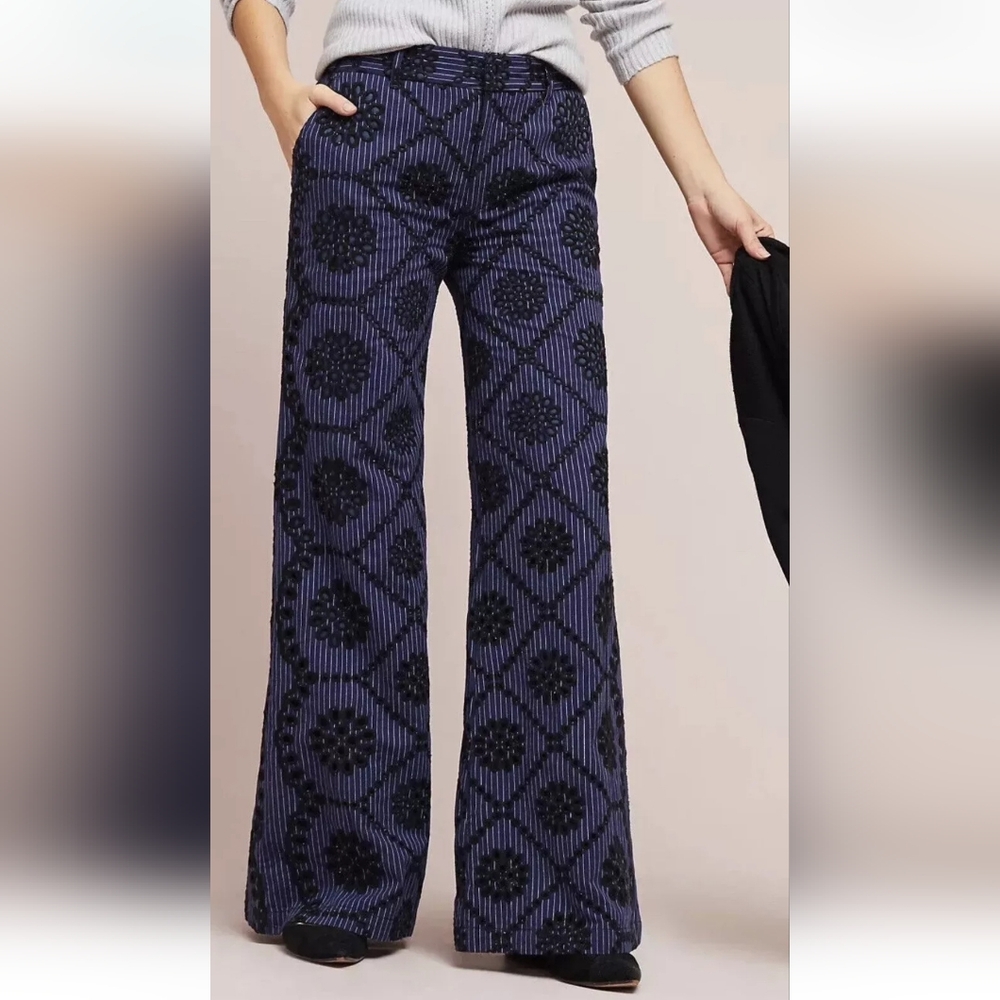 Anthropologie Ettitwa Navy Pinstripe Embroidered Eyelet Wide Leg Pants